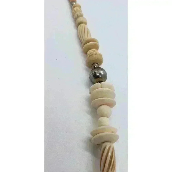 Vintage Hand Carved Elephant Necklace Bovine Bone Lucite Silver Beads Roses - Picture 9 of 11